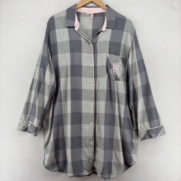 VICTORIAS SECRET Sleepshirt L Check Button Front Long Sleeve PJ Top Gray - Picture 2 of 15